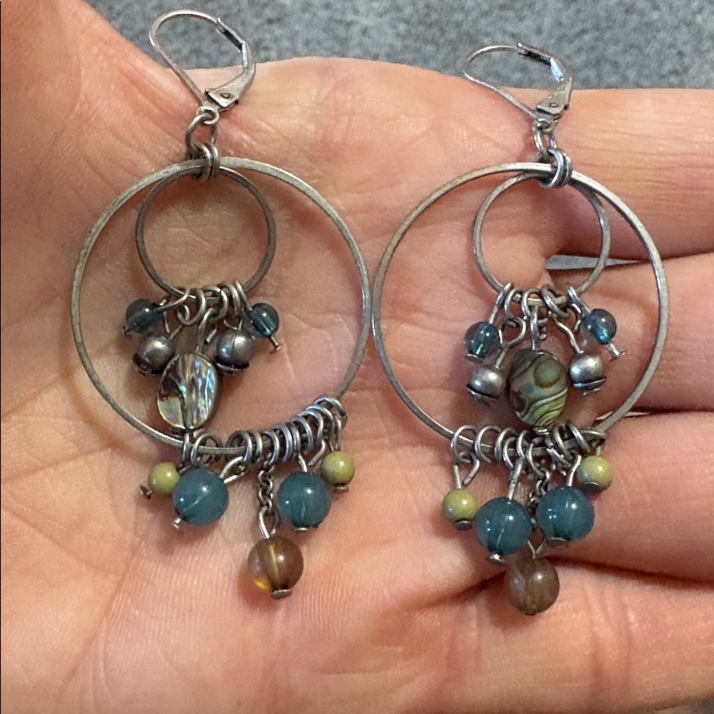 ABALONE SHELL AND BEADED DOUBLE SILVER LOOPED DROP DANGLE LEVERBACK 2.8"EARRINGS - Picture 9 of 10